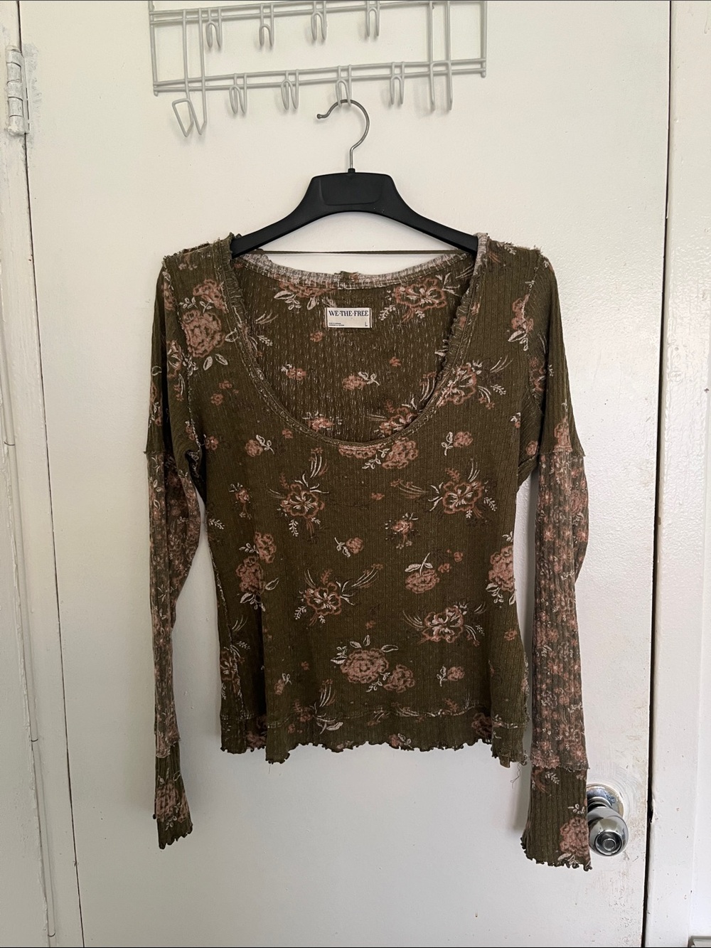 Free People Olive Green Long Sleeve Floral Scoop Neck Top
